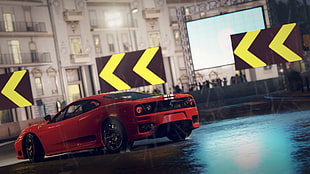 red Ford Mustang coupe, Ferrari, Ferrari Challenge Stradale, Forza Horizon 2, video games HD wallpaper