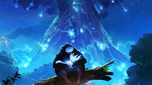 animated animal character sitting on tree trunk with glowing specie behind blue volcano digital wallpaper
