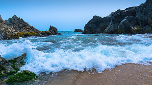 rocky seashore, Chile, Las Cruces, beach, summer HD wallpaper