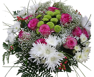 pink rose, white daisy and green petaled flower bouquet