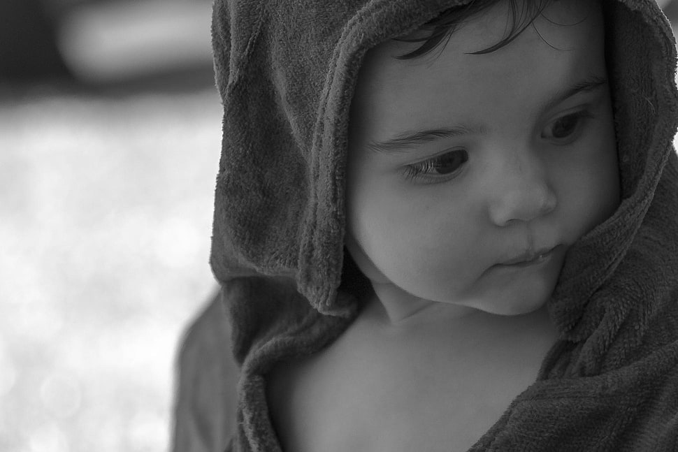 grey scale photo of baby in jacket HD wallpaper