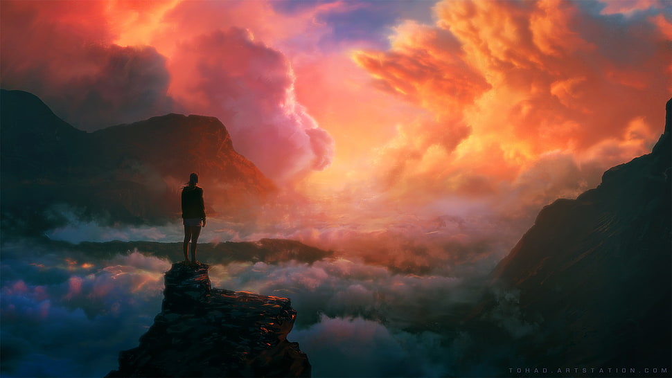 person standing on mountain cliff digital wallpaper HD wallpaper