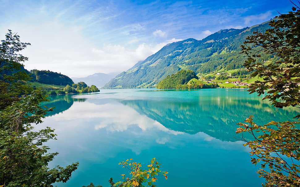 river surrounded by mountains photography HD wallpaper
