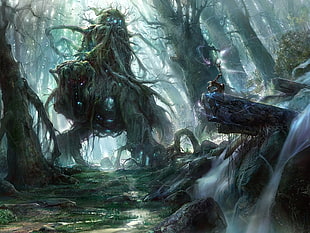 illustration of forest, fantasy art, swamp, trees, creature