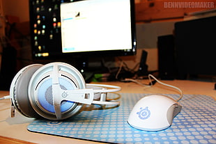 blue and white corded computer mouse, SteelSeries, headphones, computer mice