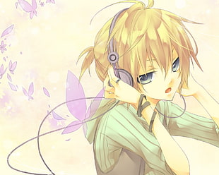 woman wearing headphones anime character digital wallpaper