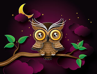 brown owl hooped on branch of tree wallpaper