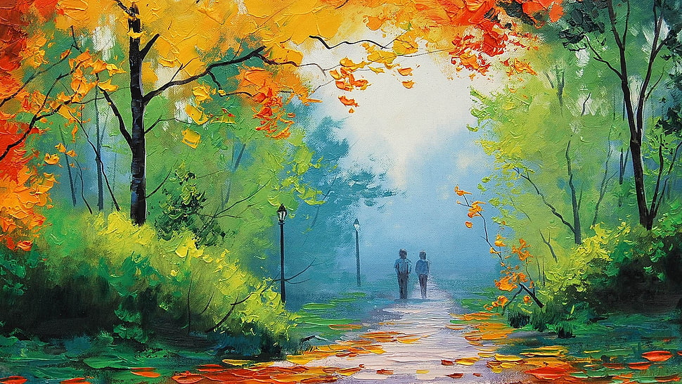 two person walking in park during daytime HD wallpaper