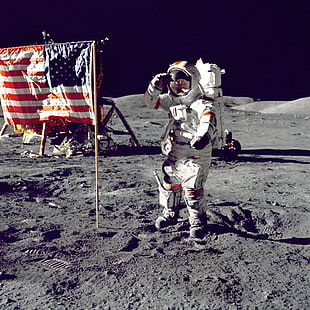 flag of USA and astronaut, nature, Moon, NASA, men
