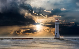 white lighthouse during dusk HD wallpaper