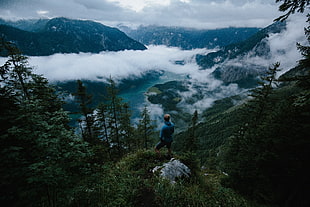 river alps, Man, Mountains, Clouds