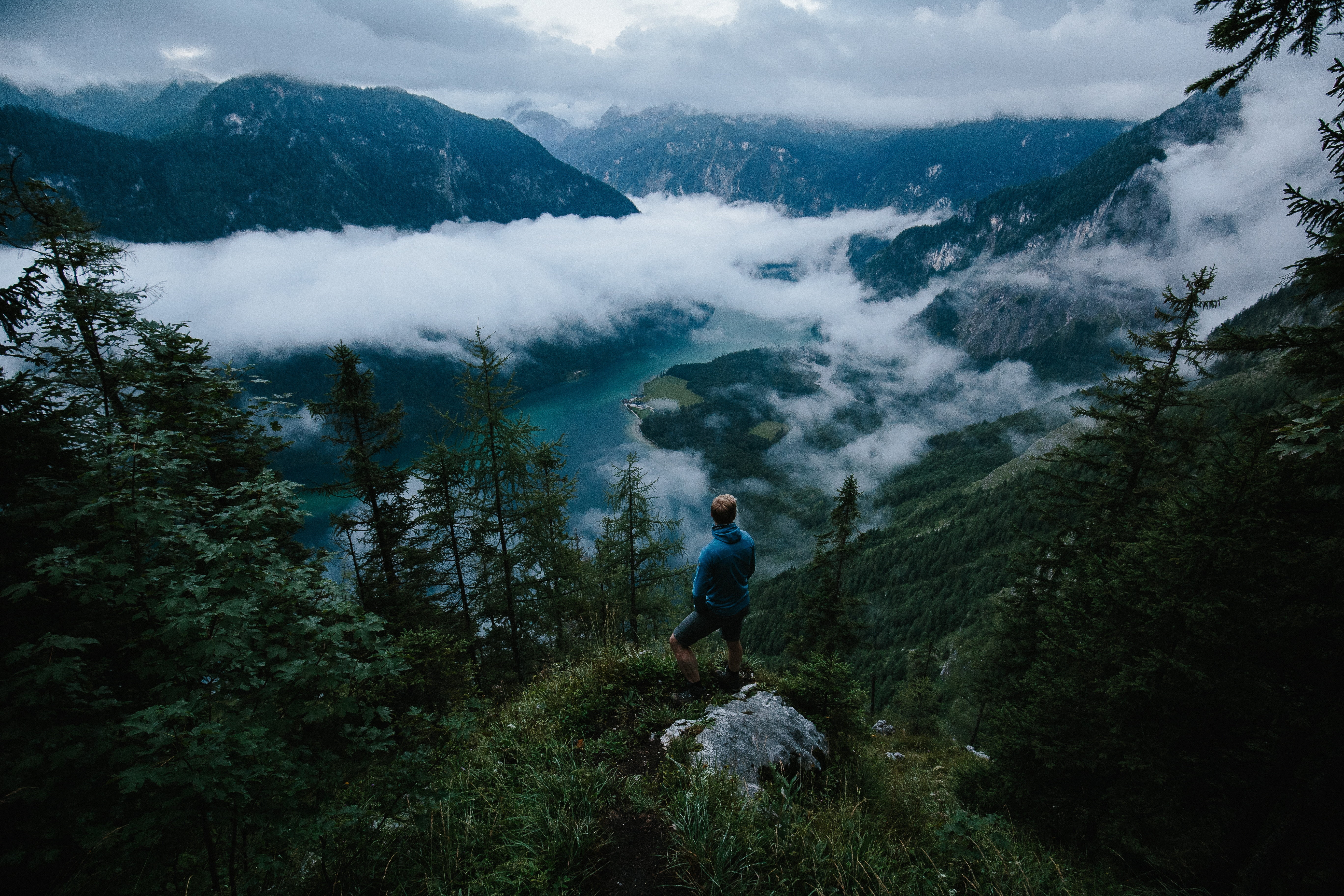 river alps, Man, Mountains, Clouds