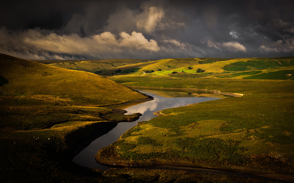 river in the middle of green grass field during cloudy day HD wallpaper