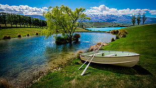 white boat with pair of white oars, landscape, boat, river