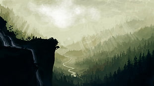 painting of trees and river, fantasy art, trees, forest, river