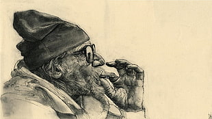 man with sunglasses sketch, anime, monochrome