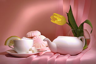 ceramic teacup with saucer near on teapot HD wallpaper