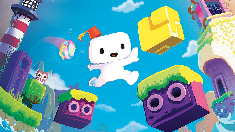 white cube character, Fez , artwork HD wallpaper