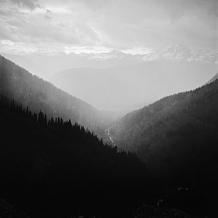 greyscale photography of mountains HD wallpaper