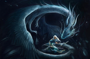 gray and white dragon illustration, fantasy art, dragon