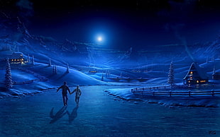 silhouette of two people walking on frozen body of water during nighttime