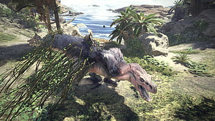 photo of brown dinosaur on green grass near body of water