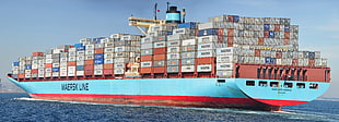 blue and red cargo ship, Maersk, Maersk Line, cargo, container ship
