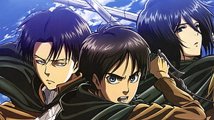 Attack on Titan character illustration, Shingeki no Kyojin, Levi Ackerman, Mikasa Ackerman, Eren Jeager HD wallpaper