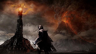 male character near volcano and tower wallpaper, Mordor, The Eye of Sauron, mountains, lava HD wallpaper