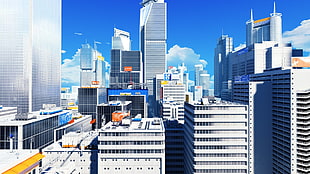 high-rise building illustration, Mirror's Edge, screen shot, video games, cityscape