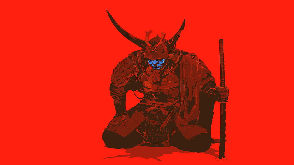 onimusha illustration, samurai, red, artwork, minimalism HD wallpaper