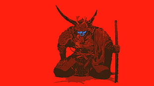 onimusha illustration, samurai, red, artwork, minimalism