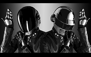 two man wearing black helmets with jacket and gloves HD wallpaper