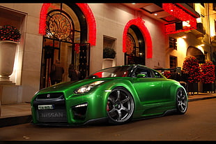 green coupe, Nissan GT-R, vehicle, car