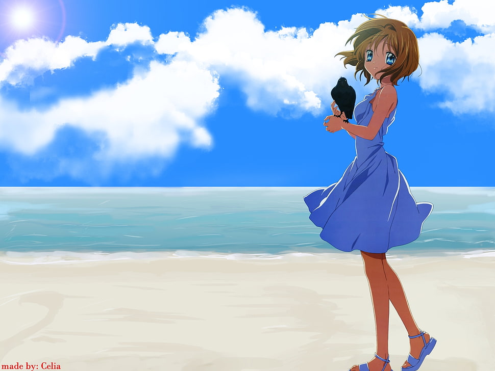 female anime character on front of sea artwork HD wallpaper