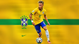 sports photography of CBF Brasil player in yellow and blue uniform