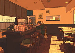 man in the diner illustration, anime, cafes, Japan HD wallpaper