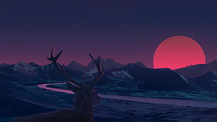 brown deer looking on moon painting