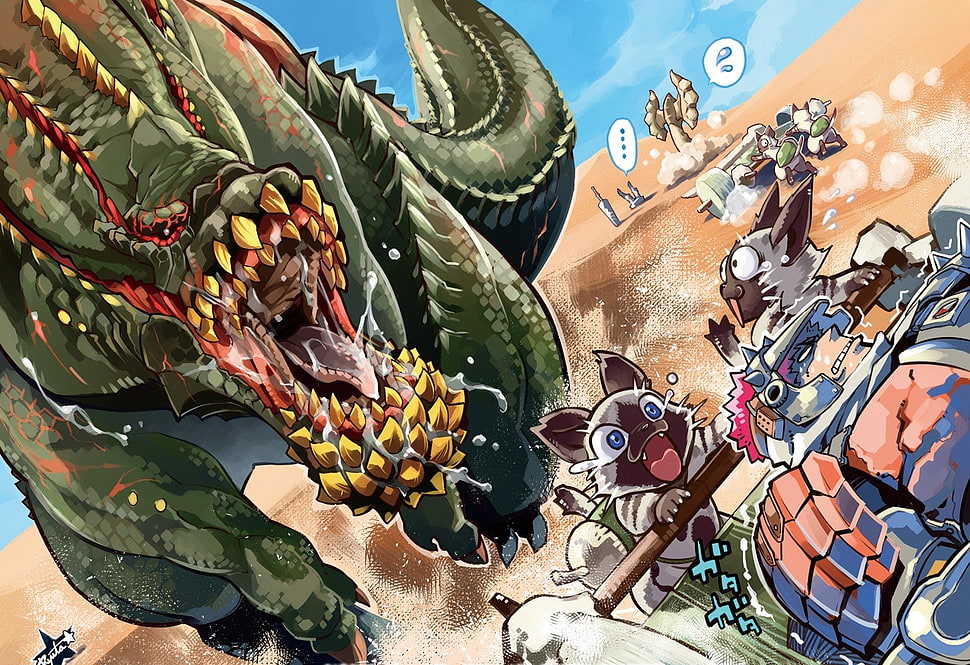 green dinosaur illustration, Monster Hunter, Felyne, Deviljho HD wallpaper