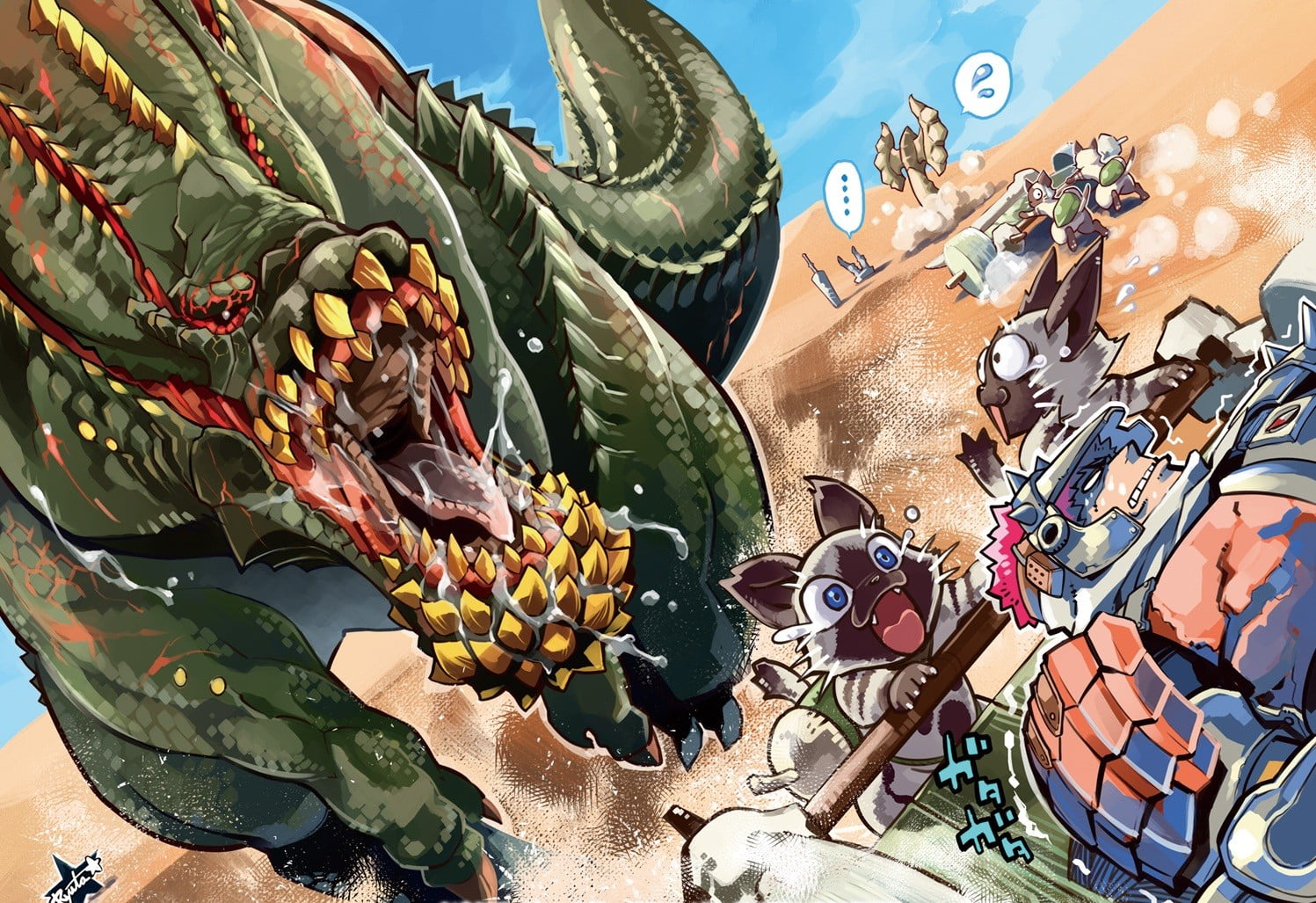 green dinosaur illustration, Monster Hunter, Felyne, Deviljho