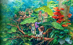 four children standing on tree branch painting
