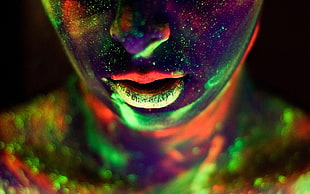close up photo of green and purple glow in the dark make up HD wallpaper