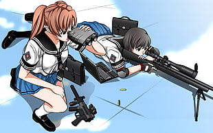 two female anime characters holding guns