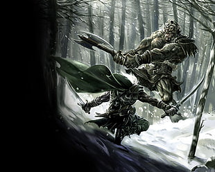 two warriors in battle digital wallpaper, artwork, warrior, winter, soldier