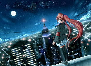 red haired girl on top of building poster