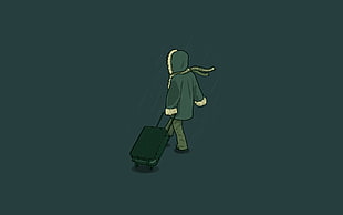 person wearing parka dragging luggage illustration