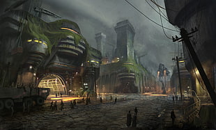 people standing near green building game application screenshot, science fiction, pixelated, fantasy art, artwork