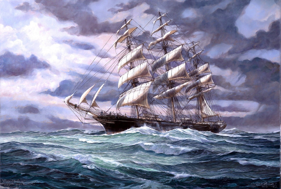 white and black sailing ship on body of water painting HD wallpaper