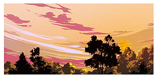 illustration of forest, illustration, sunset, sky HD wallpaper