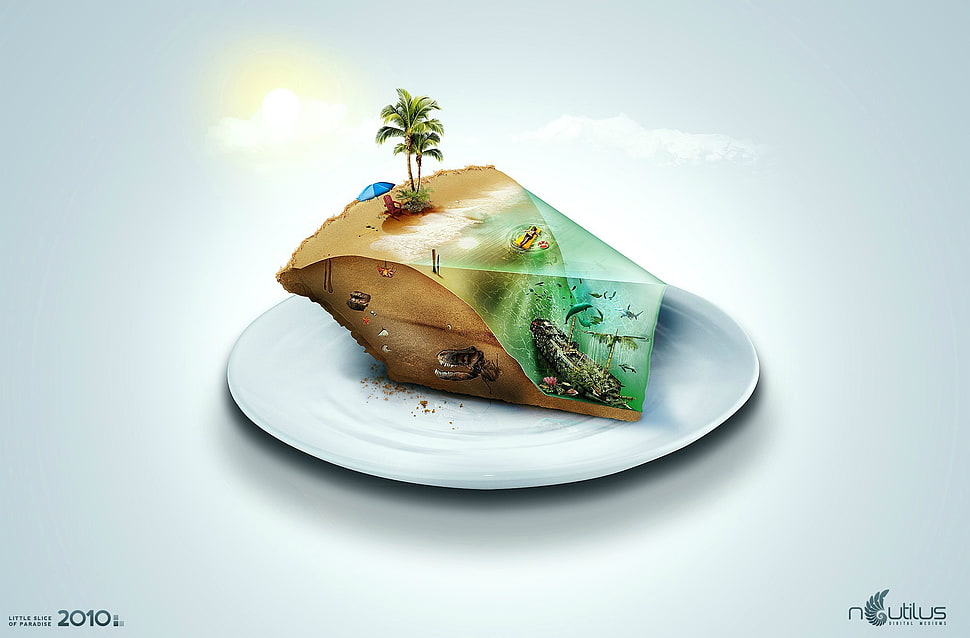 white plate with cake artwork, abstract, digital art, 2010 (Year), nature HD wallpaper